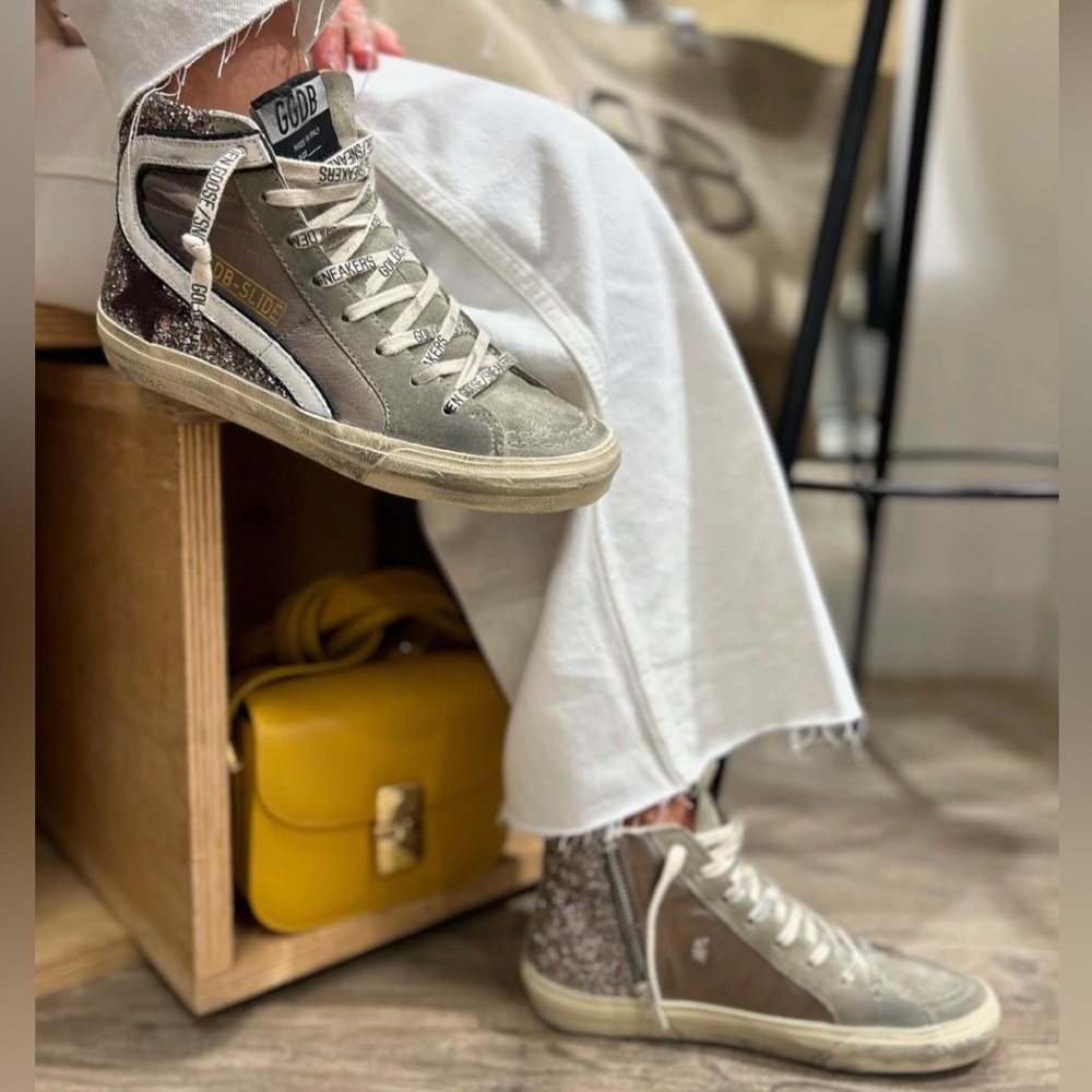 Golden Goose Slide Sneaker Bronze Leather/Silver Glitter/White sz 36 New in Box